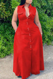 Rojo Casual Sólido Patchwork Bolsillo Turndown Collar Una línea Vestidos de talla grande