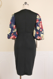 Zwarte vintage print patchwork O-hals bedrukte jurkjurken