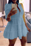 Небесно-голубое модное повседневное однотонное платье-рубашка с отложным воротником