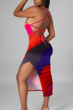 イエローのセクシーなプリントパッチワーク小帯スリットスパゲッティストラップペンシルスカートドレス