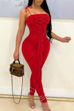 Red Sexy Solid Bandage Patchwork Spaghetti Strap Skinny Jumpsuits