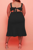 Schwarzes, lässiges, einfarbiges Patchwork-O-Ausschnitt-Trompeten-Meerjungfrau-Kleid in Übergröße