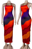 イエローのセクシーなプリントパッチワーク小帯スリットスパゲッティストラップペンシルスカートドレス