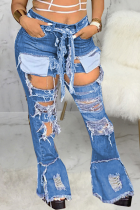 Jeans jeans azul casual patchwork rasgado cintura média com corte de bota
