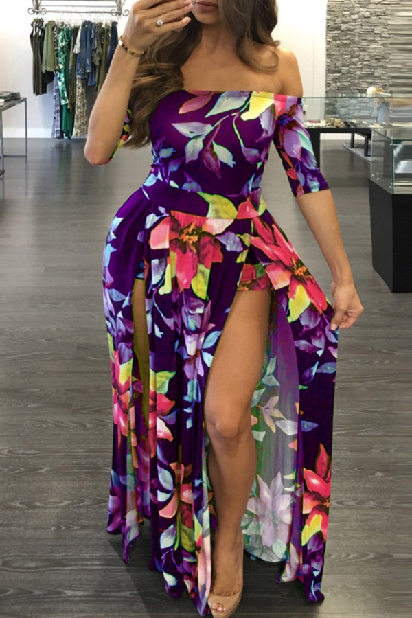 Фиолетовый сексуальный принт в стиле пэчворк с разрезом на плече Прямые платья