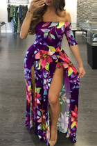 Фиолетовый сексуальный принт в стиле пэчворк с разрезом на плече Прямые платья