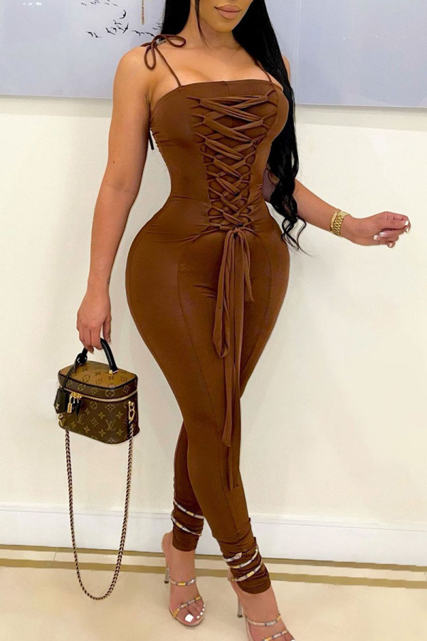 Brun Sexig Solid Bandage Patchwork Spaghetti Strap Skinny Jumpsuits