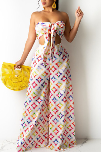 White Sexy Print Patchwork With Bow Strapless Sleeveless Two Pieces
