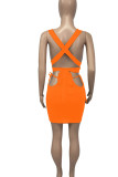 Tangerine Red Sexy Solid Hollowed Out Patchwork Frenulum V Neck Sleeveless Two Pieces