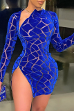 Bleu Sexy Patchwork Mesh O Cou Robe Irrégulière Robes