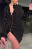 Zwarte sexy patchwork mesh O-hals onregelmatige jurk Jurken
