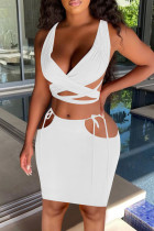 White Sexy Solid Hollowed Out Patchwork Frenulum V Neck Sleeveless Two Pieces