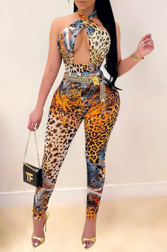 Leopard Print Sexy Hollowed Out Halter Skinny Jumpsuits