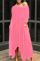 ピンク ファッション ソリッド 非対称 オブリーク カラー ロング ドレス