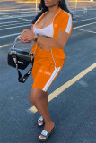 Серая повседневная спортивная одежда с вышивкой букв и лоскутным воротником на молнии с короткими рукавами из двух частей