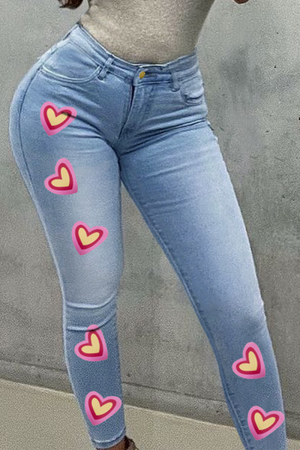 Hellblaue Patchwork-Jeans in Übergröße mit lässigem Print