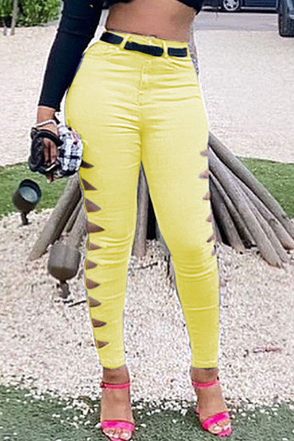 Желтые сексуальные однотонные лоскутные узкие брюки со средней посадкой и однотонным карандашом