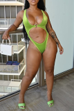 Green Sexy Solid Hollowed Out U Neck Sleeveless Two Pieces Drawstring Mini Skirt Matching Swimsuits