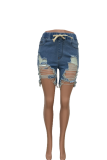 Blue Sexy Solid Patchwork Mid Waist Straight Distressed Ripped Denim Shorts