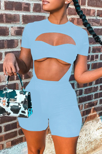 Light Blue Casual Solid Patchwork Strapless Short Sleeve Two Pieces