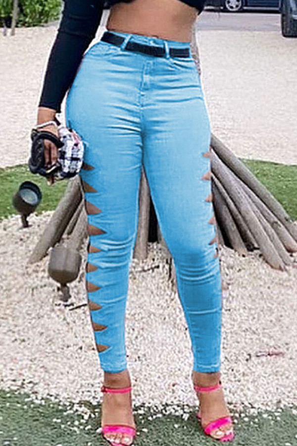 Azul cielo Sexy Patchwork liso Flaco Mediados de cintura Lápiz Pantalones de color sólido