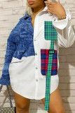 Vit Casual Pläd Patchwork Pocket Shirt Collar Shirt Dress Plus Size Toppar