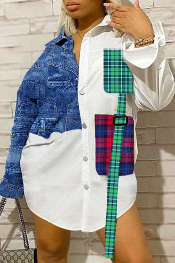 Blanco Casual Plaid Patchwork Pocket Shirt Collar Shirt Dress Plus Size Tops