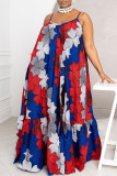 Blauwe sexy print patchwork hoge opening spaghettibandjes sling-jurk plus maten jurken