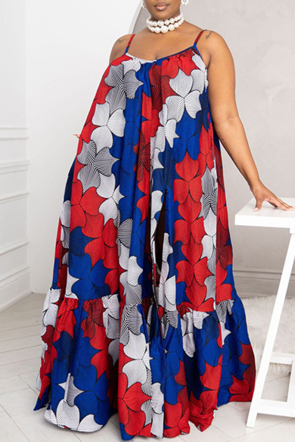 Rode sexy print patchwork hoge opening spaghettibandjes sling-jurk plus maten jurken