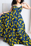 Blue Sexy Print Patchwork High Opening Spaghetti Strap Sling Dress Plus Size Dresses