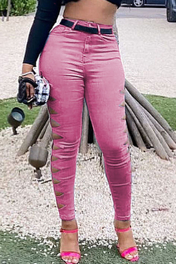 Pantaloni tinta unita rosa sexy a vita media con patchwork a tinta unita