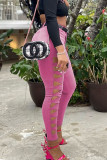 Pink Sexy Solid Patchwork Skinny Mid Waist Pencil Solid Color Bottoms