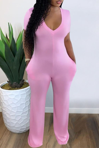 Pink Casual Solid Patchwork V Neck Skinny Jumpsuits