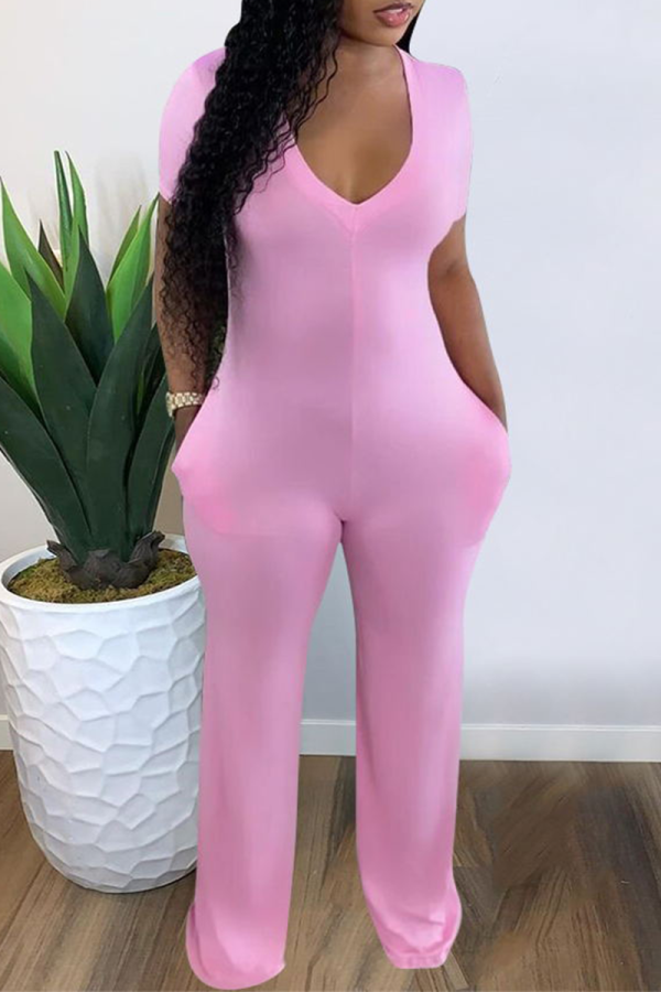 Pink Casual Solid Patchwork V-Ausschnitt Skinny Jumpsuits