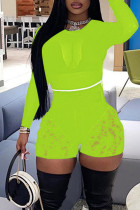 Fluorescent Green Sexy Solid Lace Patchwork See-through O Neck Long Sleeve Two Pieces