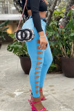 Sky Blue Sexy Solid Patchwork Skinny Mid Waist Pencil Solid Color Bottoms