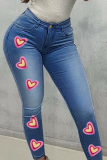 Djupblå Casual Print Patchwork Plus Size Jeans