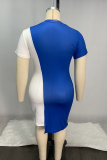 Blue White Casual Print Patchwork O Neck Irregular Dress Plus Size Dresses