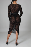 Schwarze, sexy bedruckte Patchwork-Kleider mit V-Ausschnitt und unregelmäßigen Kleidern