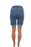 Short en jean droit taille moyenne patchwork uni bleu sexy