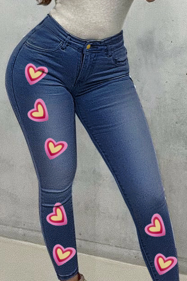 Tiefblaue Patchwork-Jeans in Übergröße mit lässigem Print