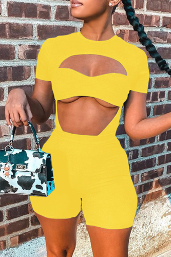 Yellow Casual Solid Patchwork Strapless Short Sleeve Two Pieces