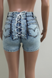 Blue Casual Solid Draw String Skinny Denim Shorts