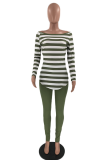 Army Green Casual Striped Patchwork Off the Shoulder Long Sleeve Two Pieces