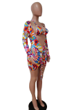 Multicolor Sexy Print Hollowed Out Halter Long Sleeve Two Pieces