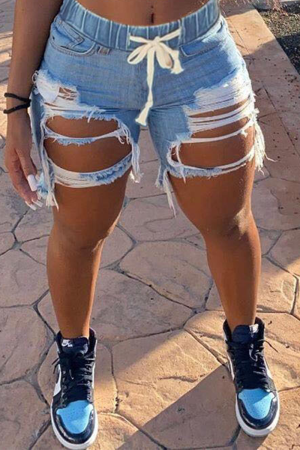 Blue Sexy Solid Patchwork Mid Waist Straight Distressed Ripped Denim Shorts