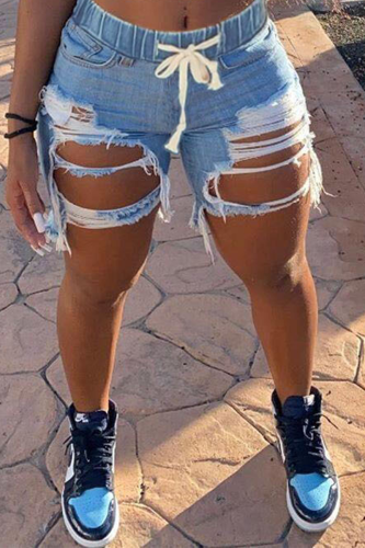 Blue Sexy Solid Split Joint Mid Waist Straight Denim Shorts
