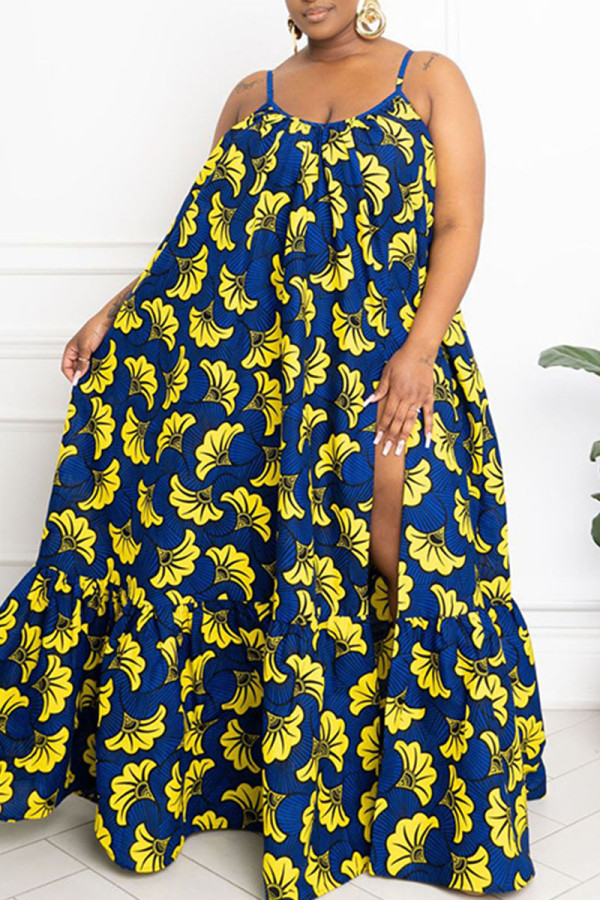 Blauwe sexy print patchwork hoge opening spaghettibandjes sling-jurk plus maten jurken