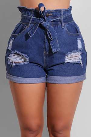 Blue Casual Solid Patchwork High Waist Regular With Belt Ripped Denim Shorts