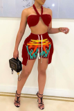 Red Sexy Print Patchwork Halter Sleeveless Two Pieces